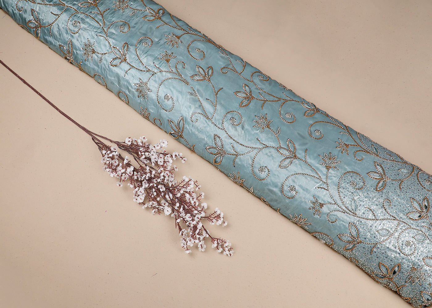 Powder Blue Imported Organza Satin Fabric with Allover Katdana, Sequins and Cutwork with One-Side Heavy Border 16708