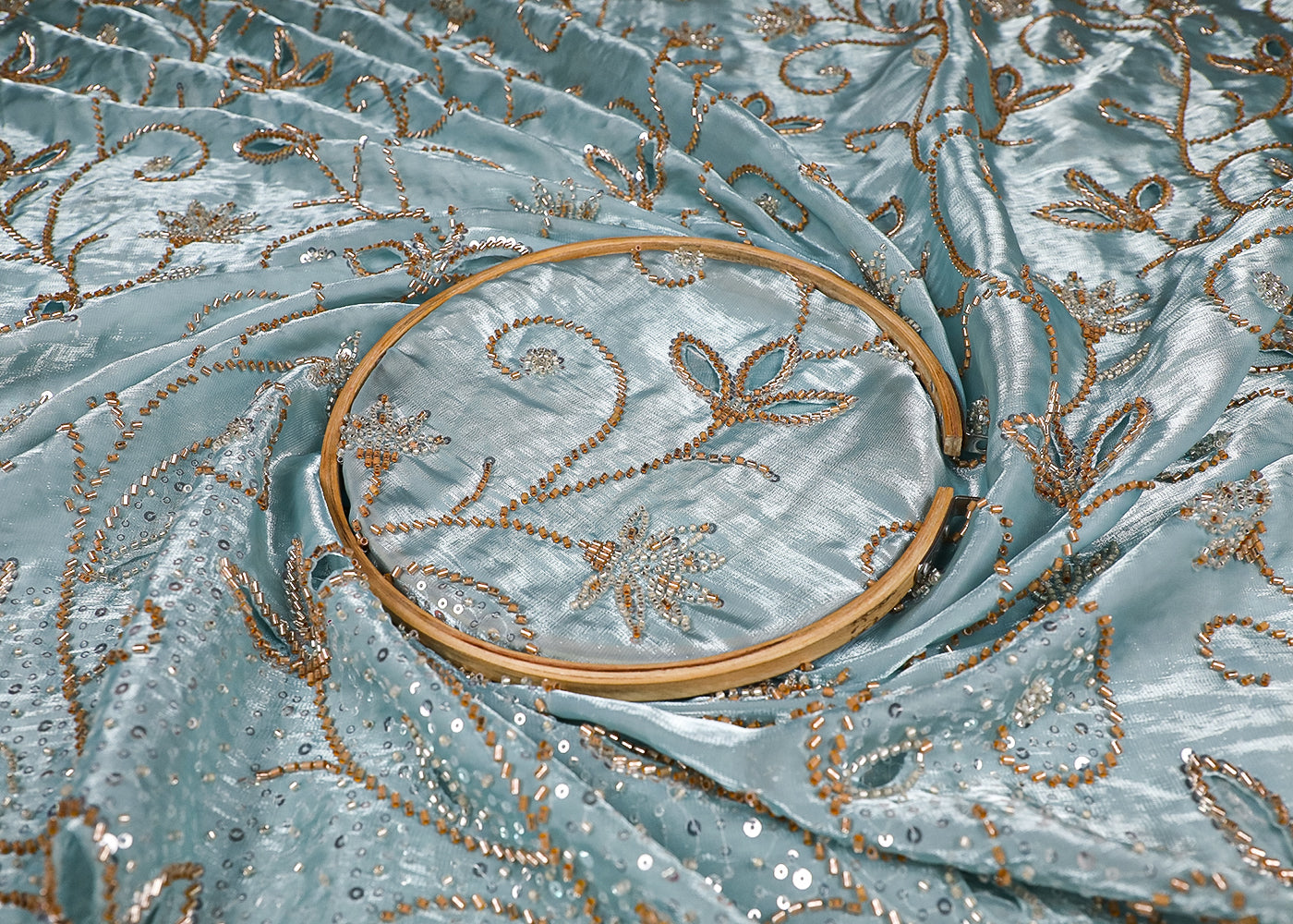 Powder Blue Imported Organza Satin Fabric with Allover Katdana, Sequins and Cutwork with One-Side Heavy Border 16708