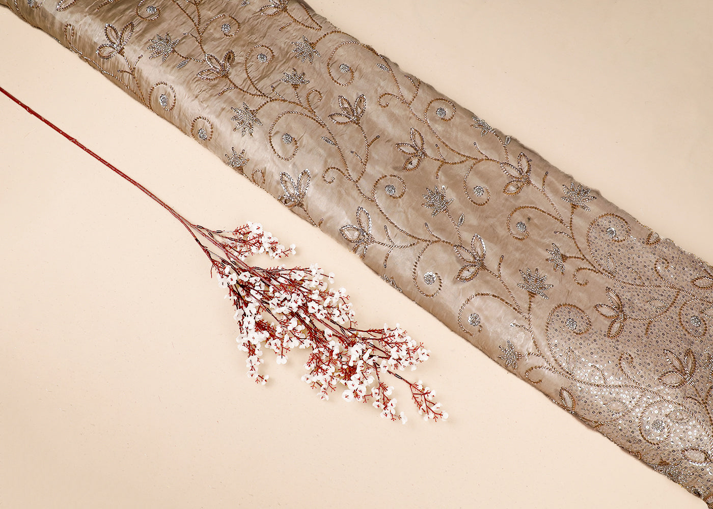 Chiku Imported Organza Satin Fabric with Allover Katdana, Sequins and Cutwork with One-Side Heavy Border 16710