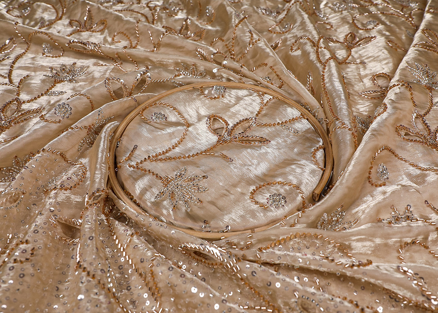 Chiku Imported Organza Satin Fabric with Allover Katdana, Sequins and Cutwork with One-Side Heavy Border 16710
