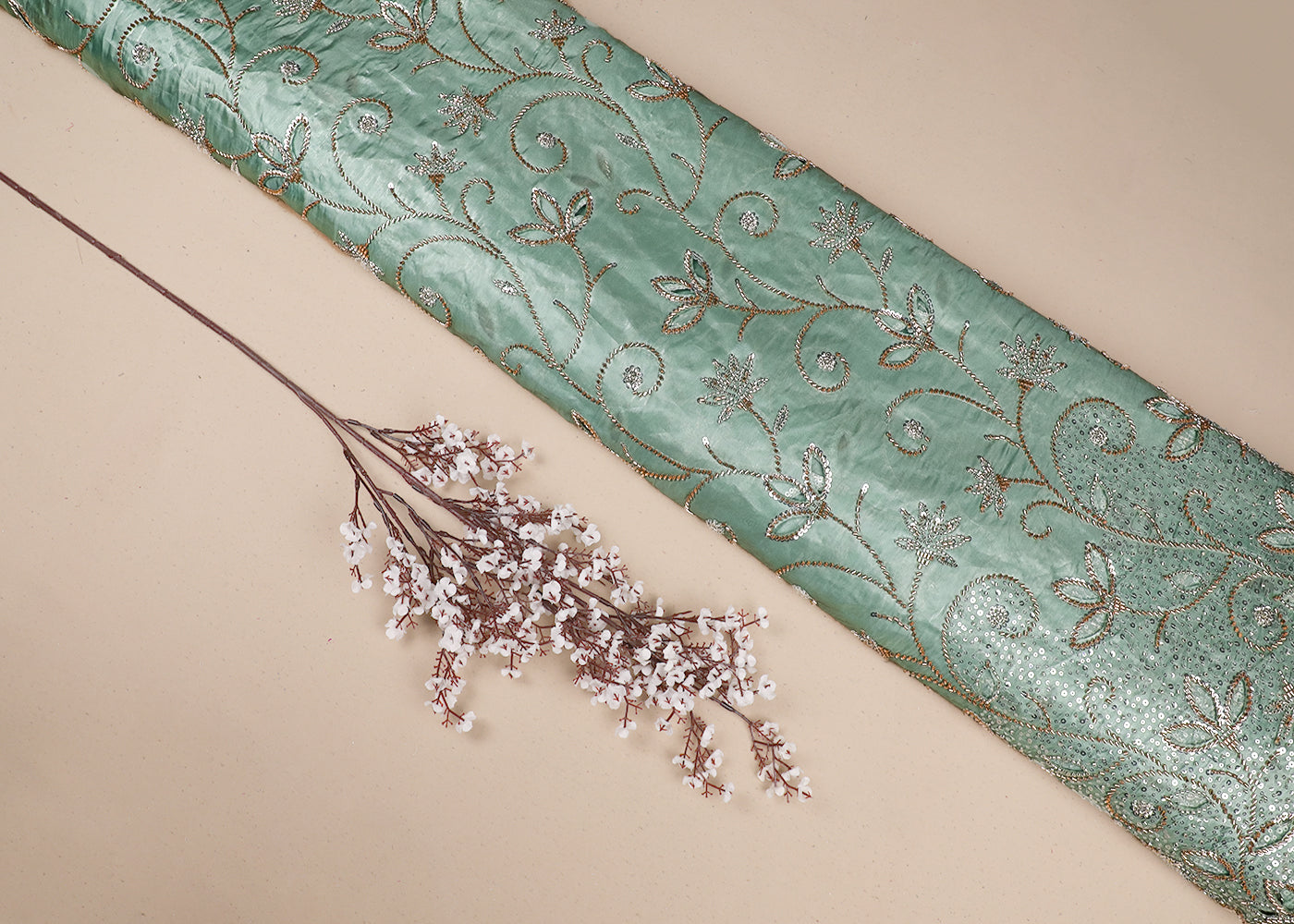 Pastel Green Imported Organza Satin Fabric with Allover Katdana, Sequins and Cutwork with One-Side Heavy Border 16711