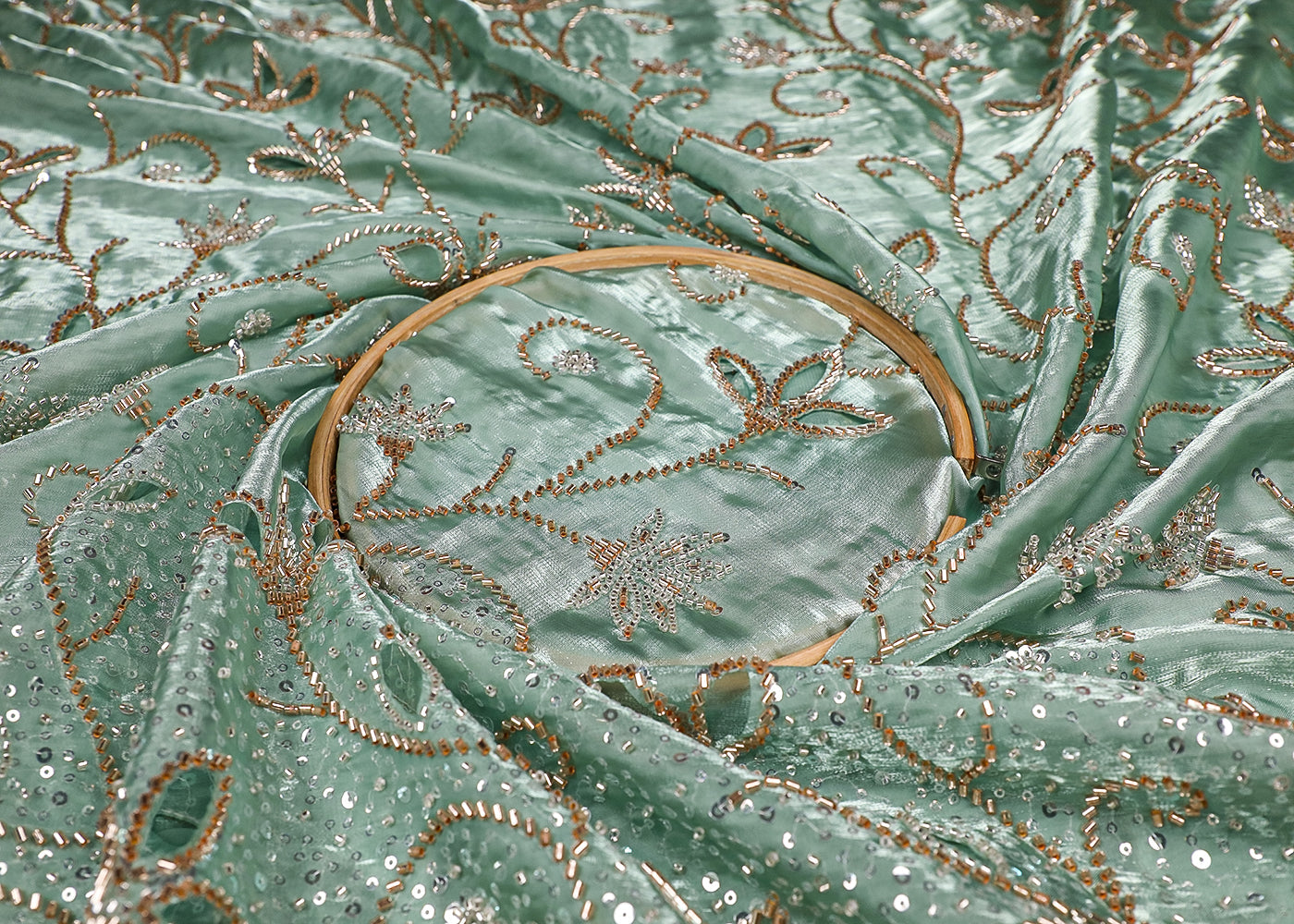 Pastel Green Imported Organza Satin Fabric with Allover Katdana, Sequins and Cutwork with One-Side Heavy Border 16711