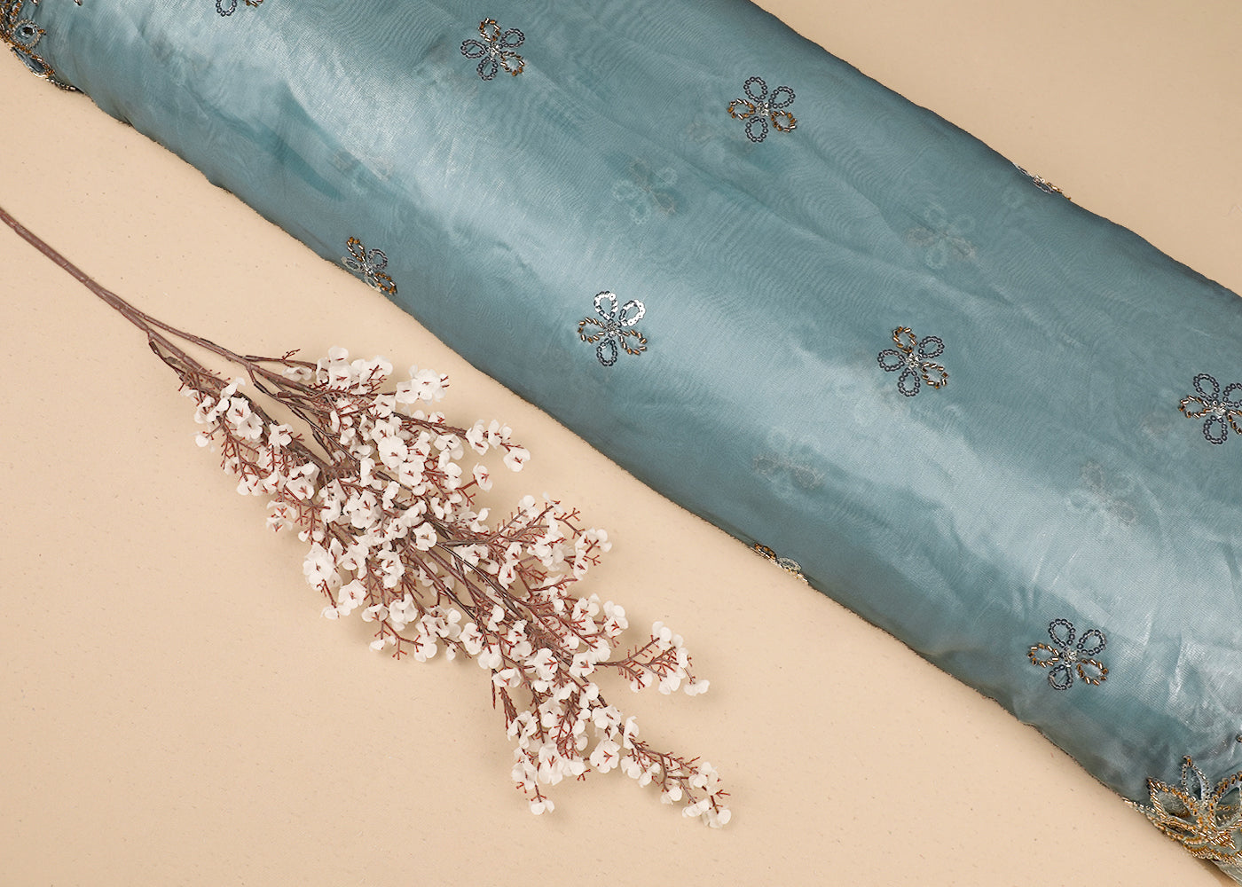 Powder Blue Imported Organza Satin Dupatta Fabric with Allover Katdana, Sequins and Cutwork with One-Side Heavy Border 16712