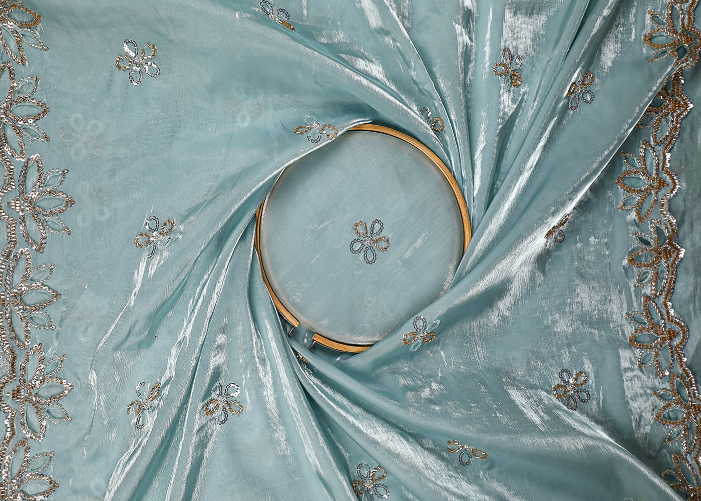 Powder Blue Imported Organza Satin Dupatta Fabric with Allover Katdana, Sequins and Cutwork with One-Side Heavy Border 16712