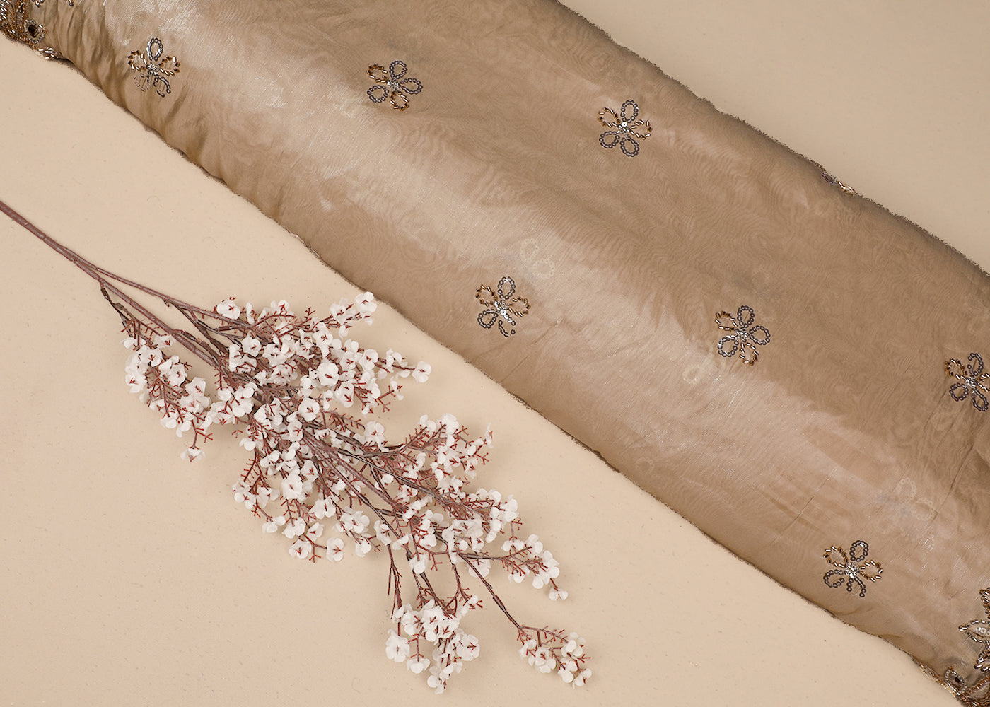 Chiku Imported Organza Satin Dupatta Fabric with Allover Katdana, Sequins and Cutwork with One-Side Heavy Border 16714