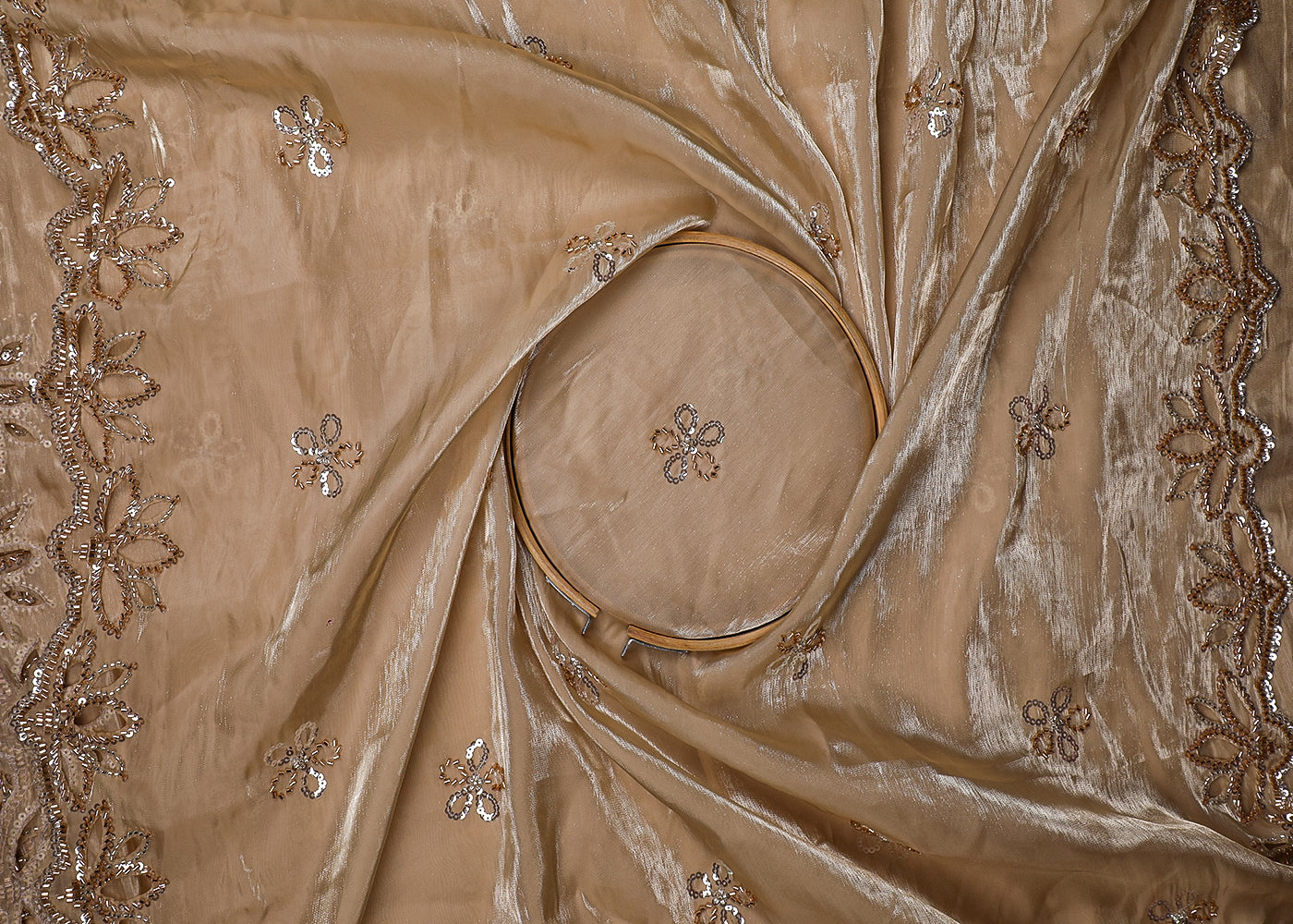 Chiku Imported Organza Satin Dupatta Fabric with Allover Katdana, Sequins and Cutwork with One-Side Heavy Border 16714