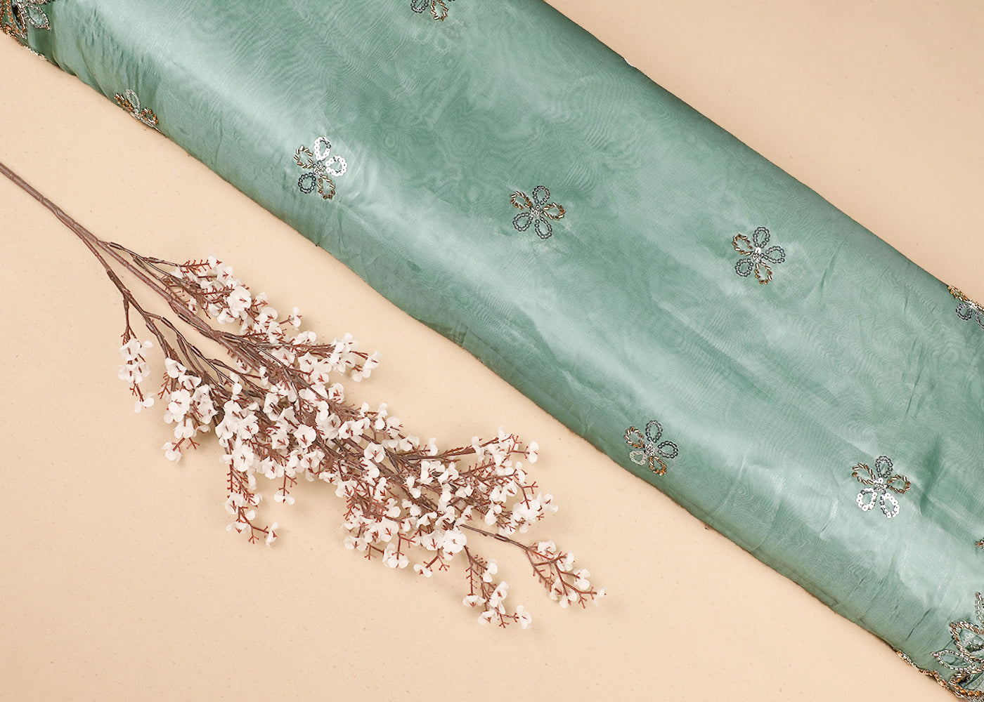 Pastel Green Imported Organza Satin Dupatta Fabric with Allover Katdana, Sequins and Cutwork with One-Side Heavy Border 16715