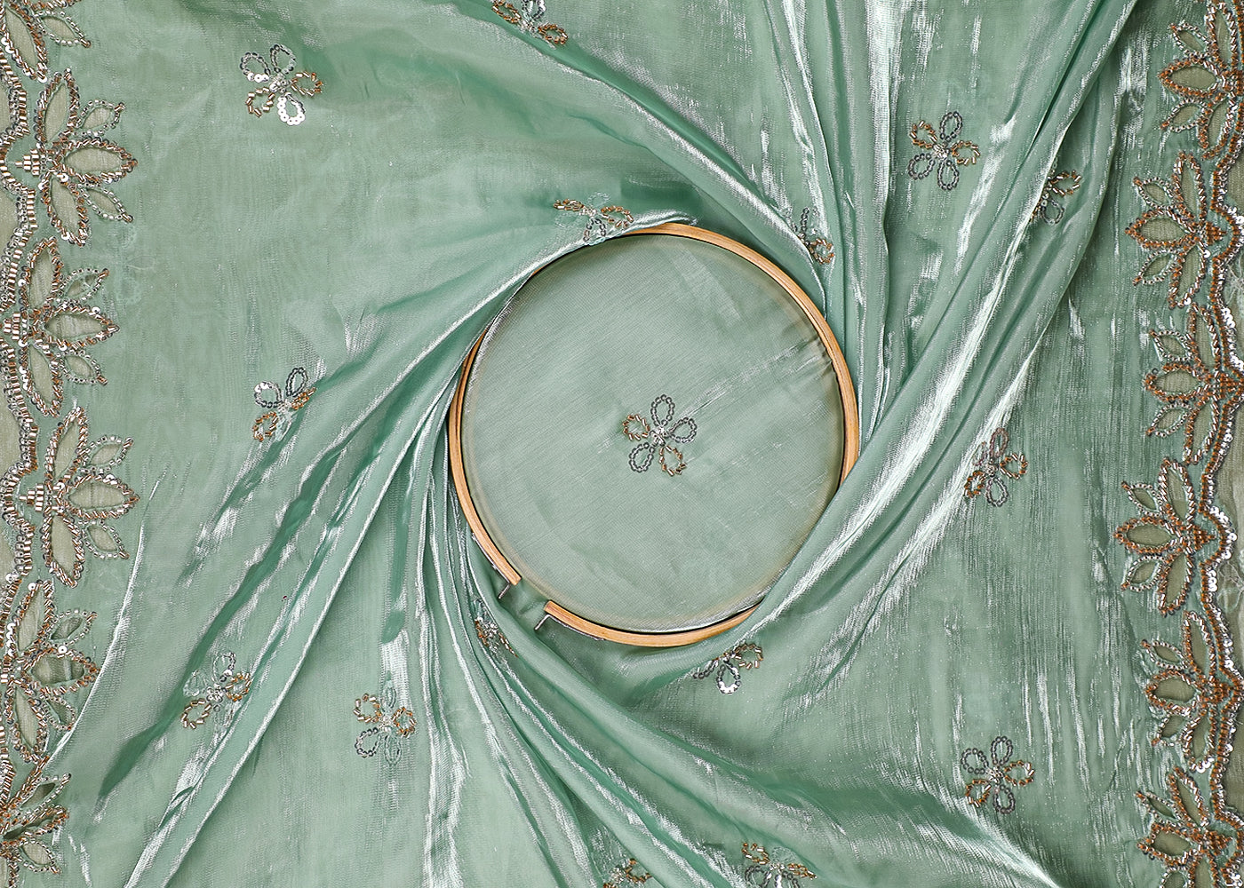 Pastel Green Imported Organza Satin Dupatta Fabric with Allover Katdana, Sequins and Cutwork with One-Side Heavy Border 16715