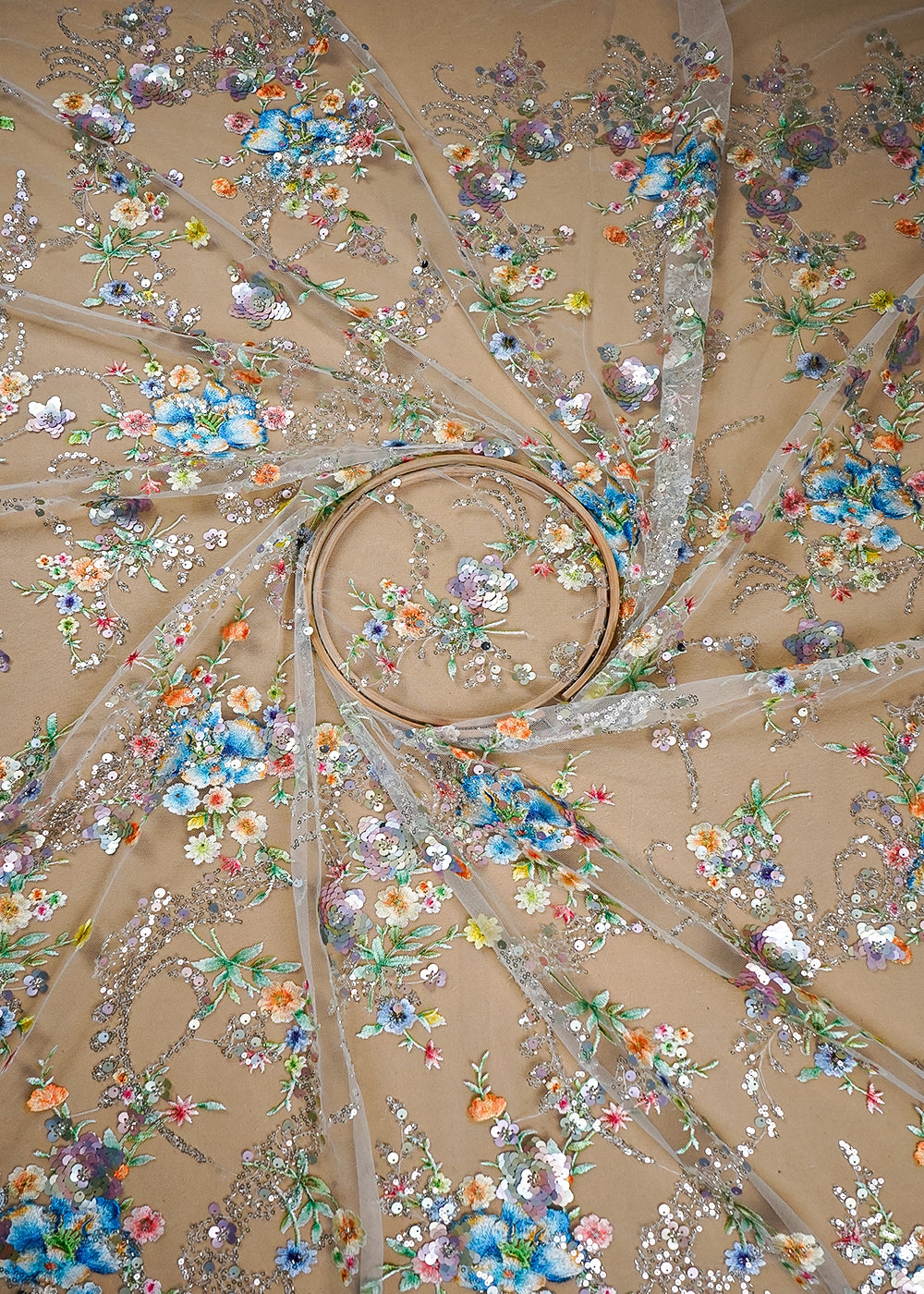 White Imported Net Fabric With All Over Sequins And Thread Work 16718