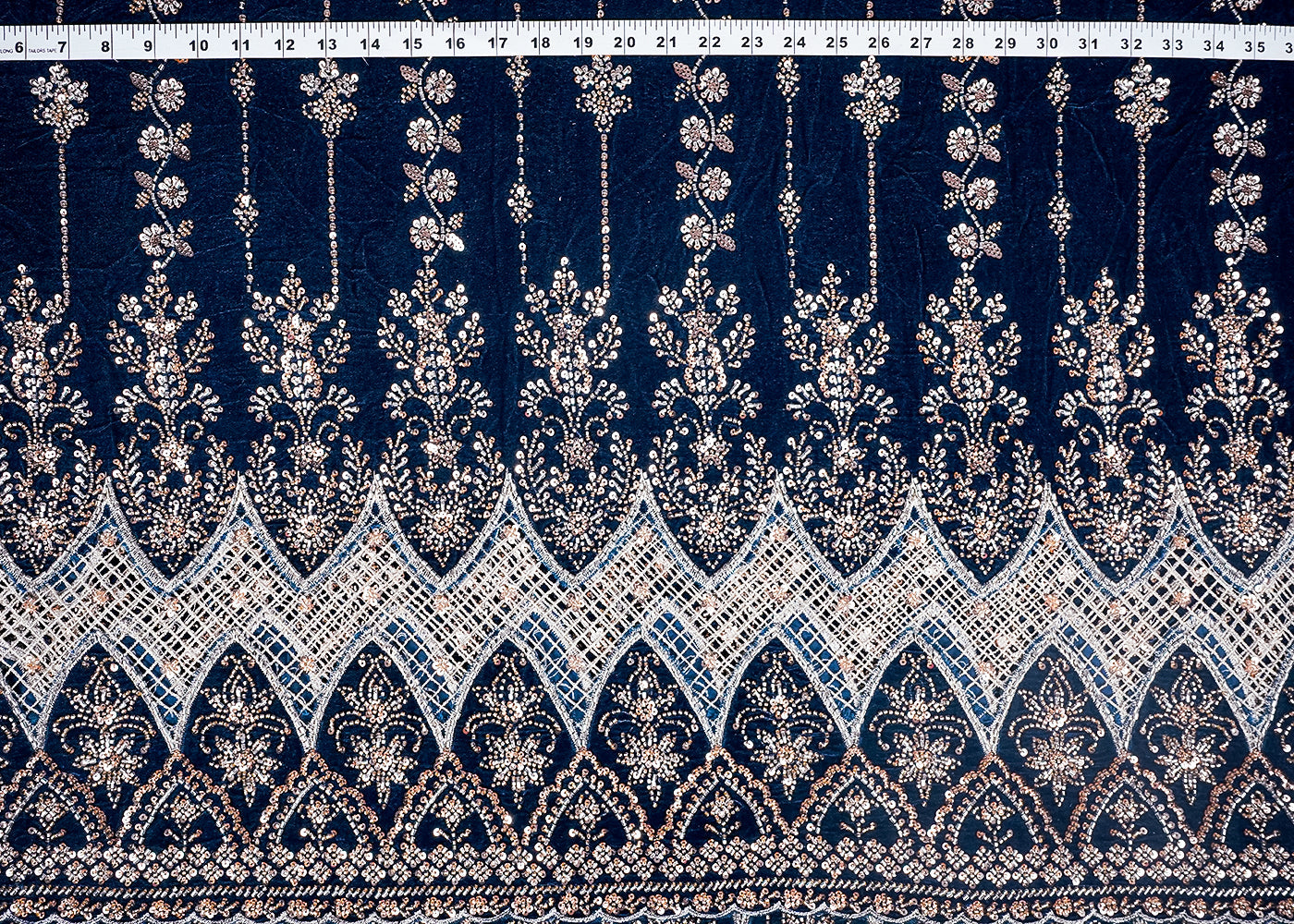 Teal Blue Velvet Fabric With All Over Sequins, Bead And One Side Cutwork Border 16722