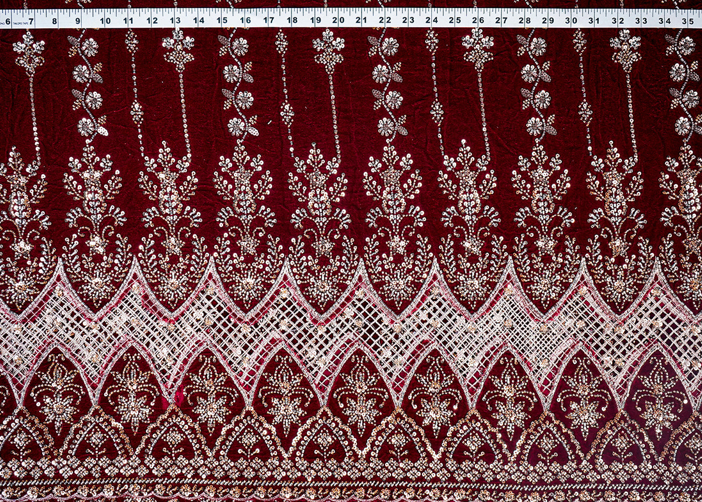 Maroon Velvet Fabric With All Over Sequins, Bead And One Side Cutwork Border 16723
