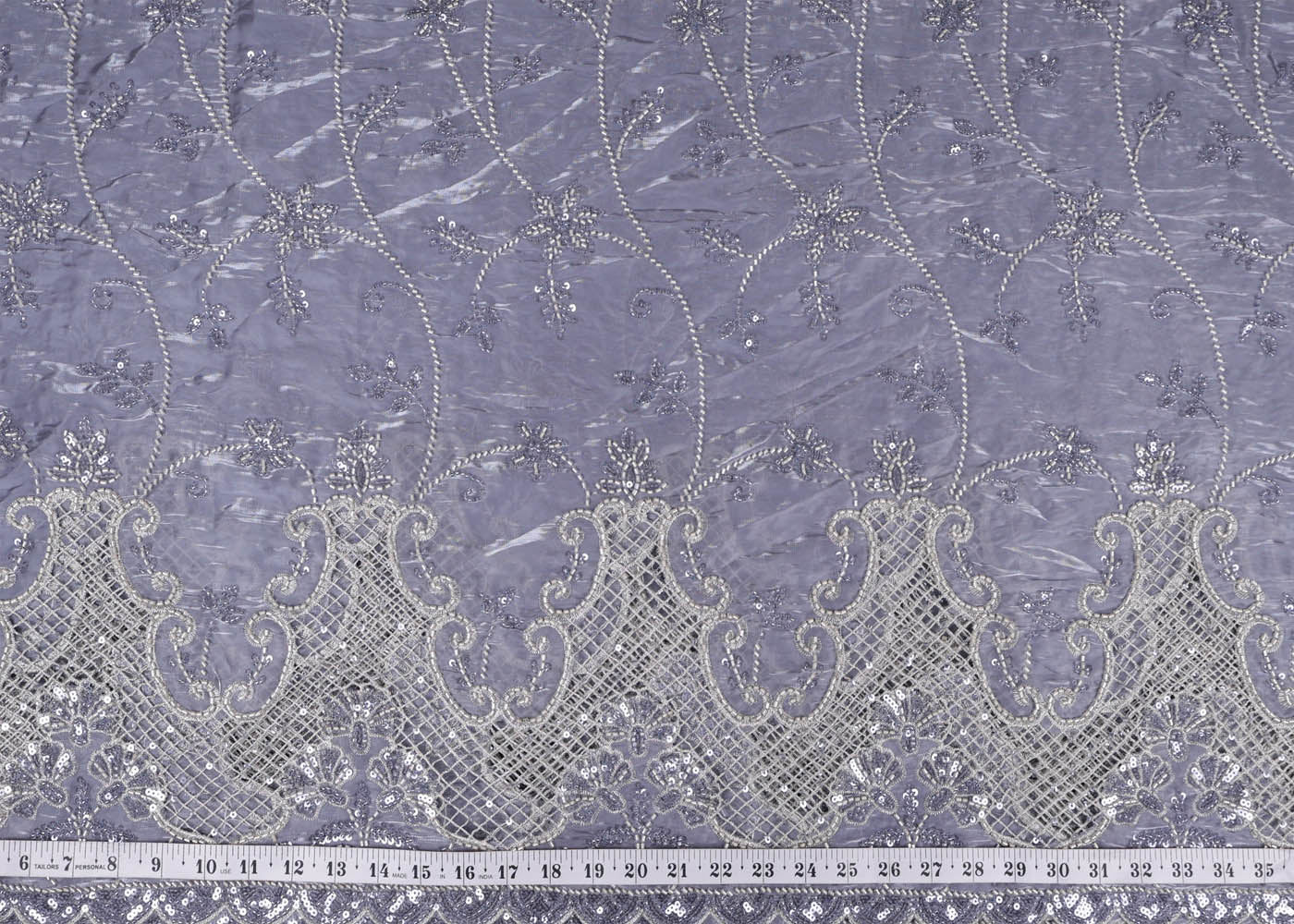Grey Organza satin Fabric With All Over Bead, Katdana, Sequins, Zari And One Side Cutwork Border 16724