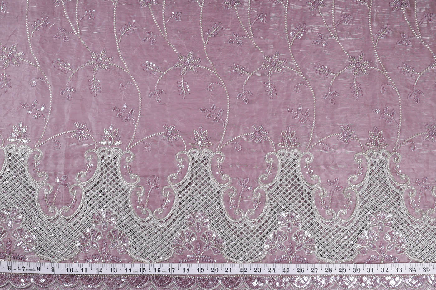 Onion Organza satin Fabric With All Over Bead, Katdana, Sequins, Zari And One Side Cutwork Border 16727