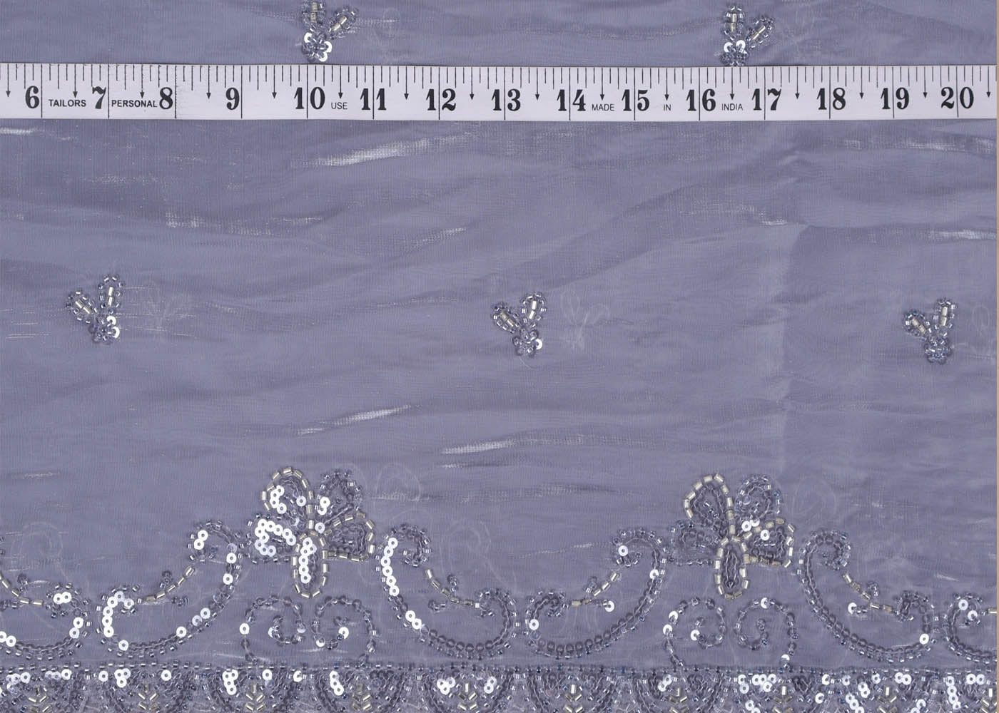 Grey Organza satin Dupatta Fabric With All Over Bead, Katdana, Sequins And Two Side Scalloped Border 16728