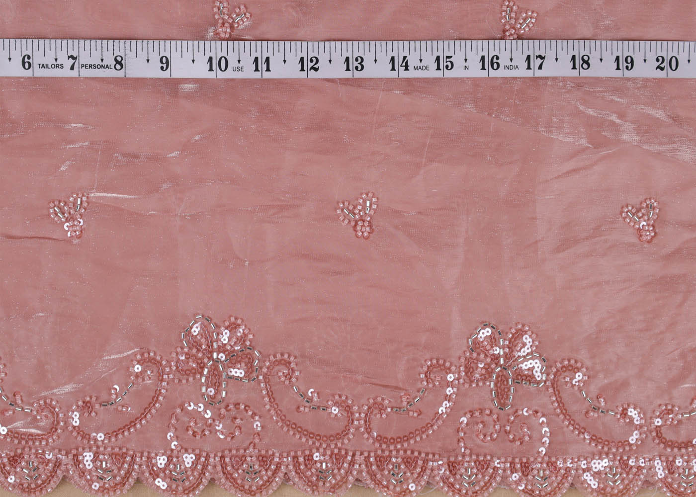 Pastel Pink Organza satin Dupatta Fabric With All Over Bead, Katdana, Sequins And Two Side Scalloped Border 16729