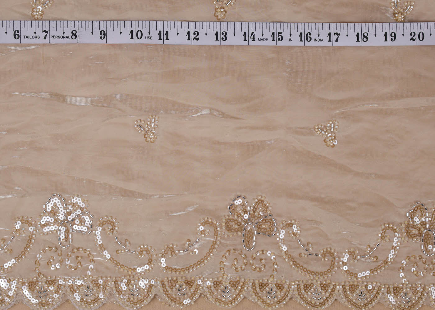 Chiku Organza satin Dupatta Fabric With All Over Bead, Katdana, Sequins And Two Side Scalloped Border 16730