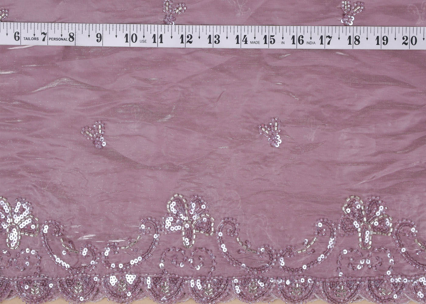 Onion Organza satin Dupatta Fabric With All Over Bead, Katdana, Sequins And Two Side Scalloped Border 16731