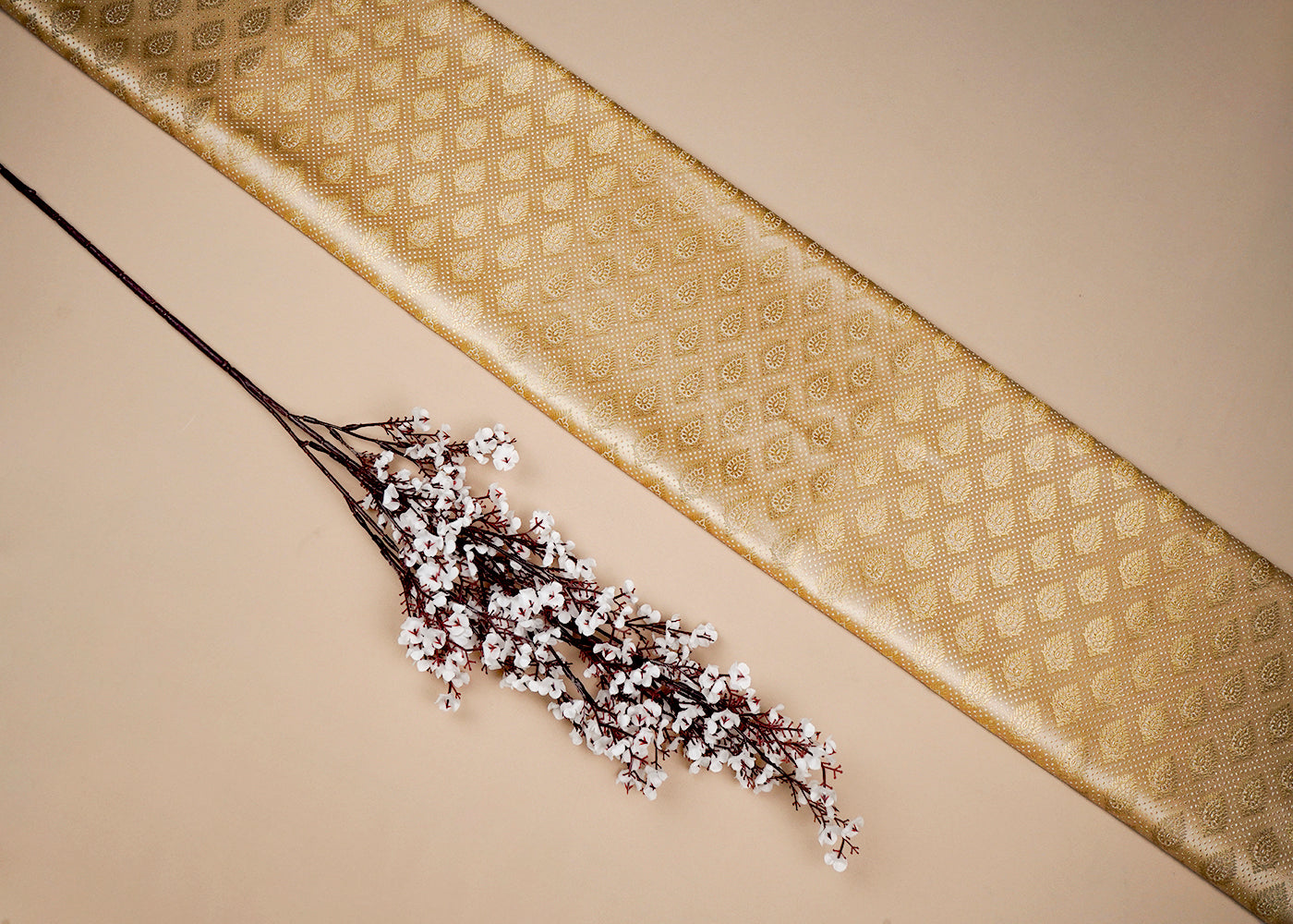 White Banarasi Brocade Fabric With All Over Golden Zari Handloom 16733