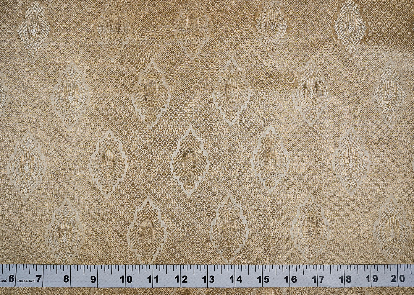 White Banarasi Brocade Fabric With All Over Golden Zari Handloom 16735