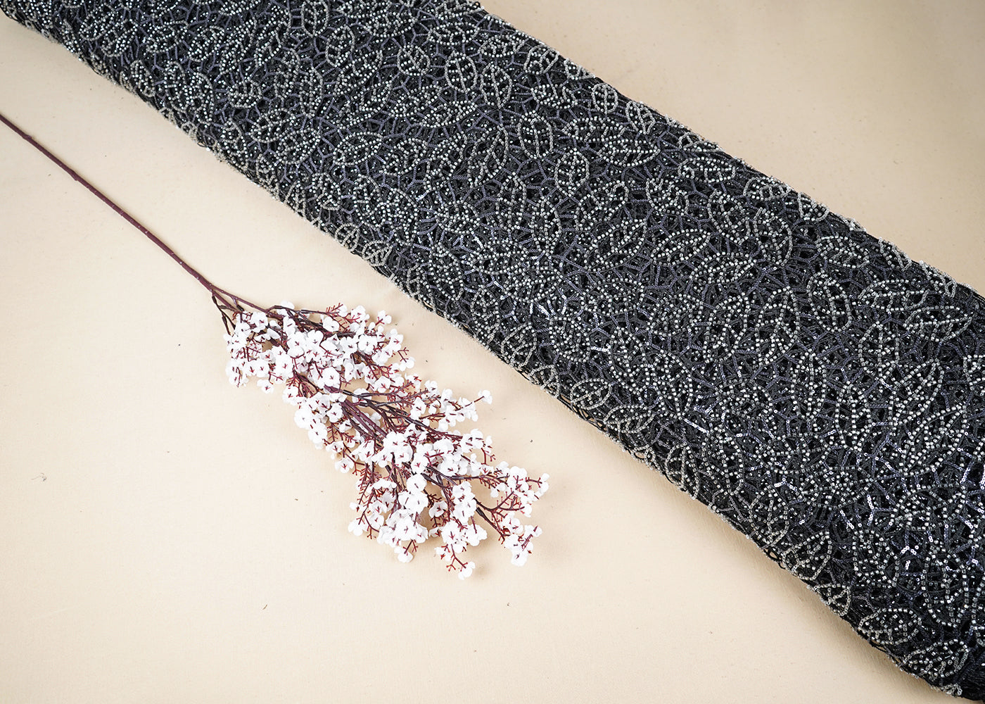 Black Imported Net Fabric With All Over Cutwork 16747