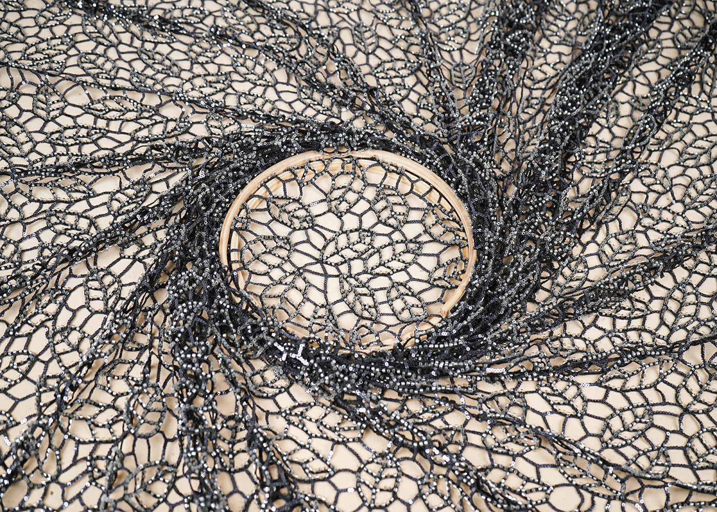 Black Imported Net Fabric With All Over Cutwork 16747