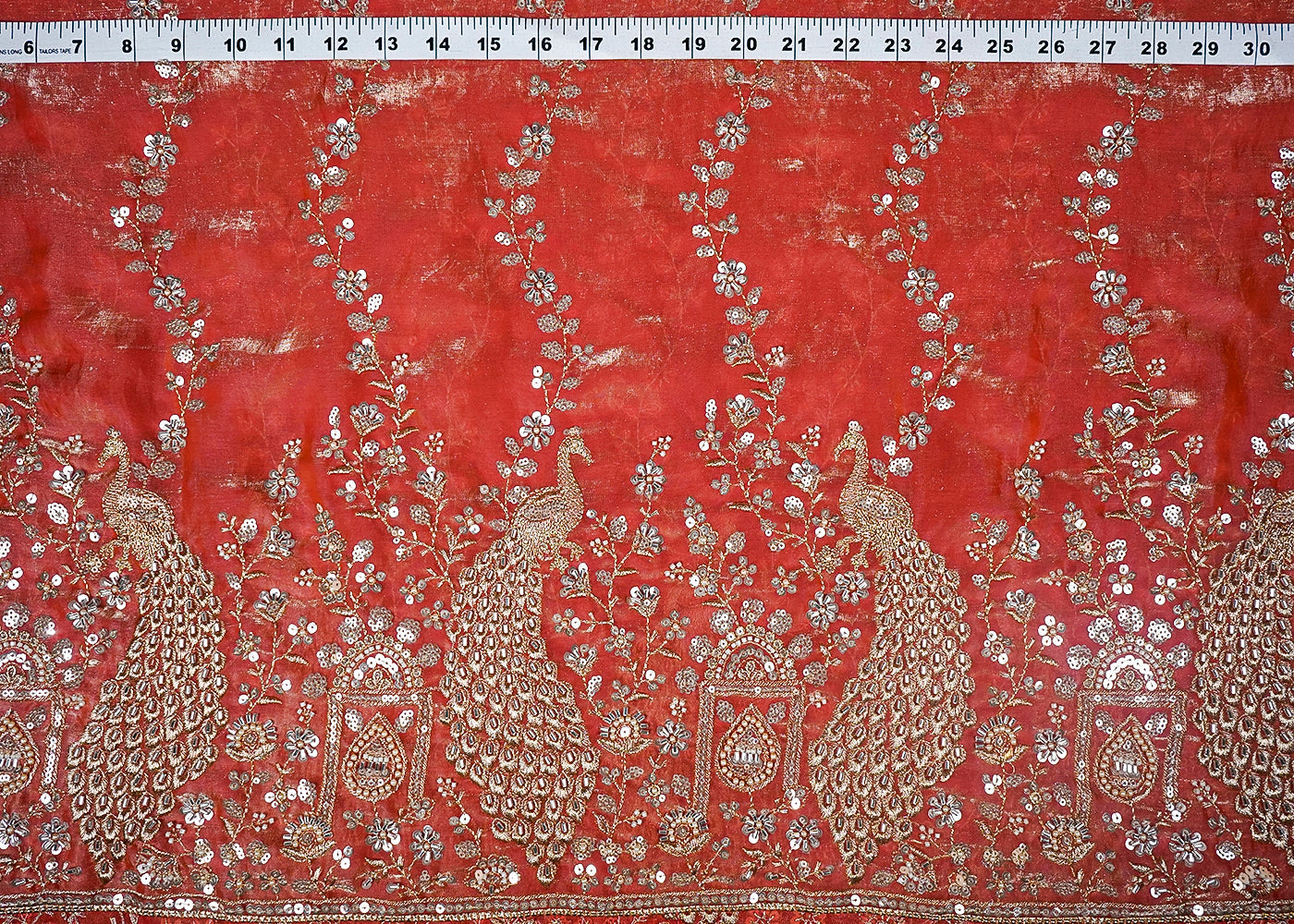 Dark Peach Diamond Silk Fabric With All Over Zari, Sequins And Katdana Work With One Side Border 16757