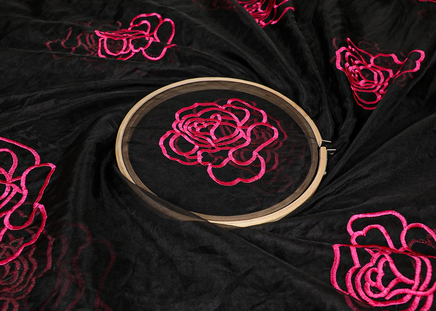 Black Organza Fabric With All Over Pink Thread Work Flowers 16764