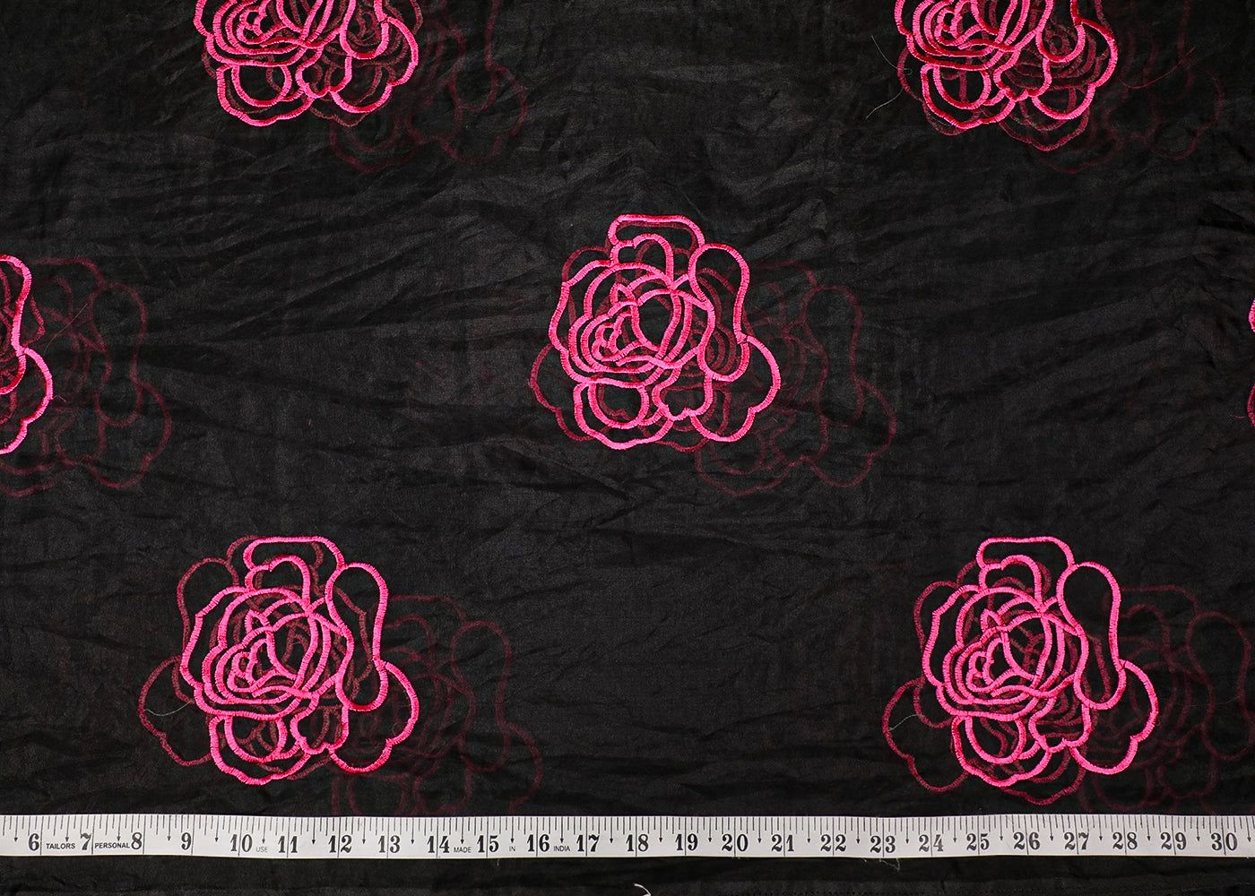 Black Organza Fabric With All Over Pink Thread Work Flowers 16764