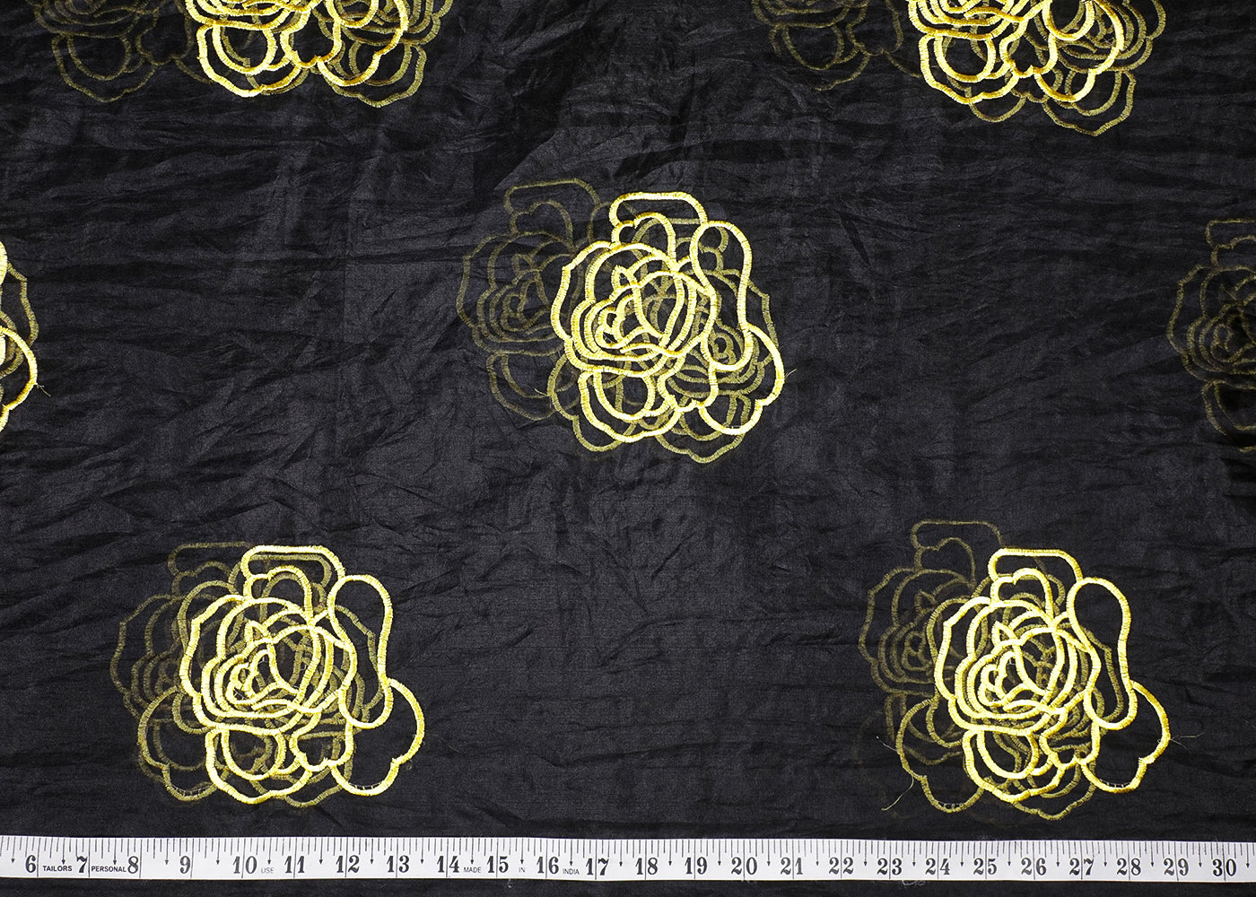 Black Organza Fabric With All Over Yellow Thread Work Flowers 16765