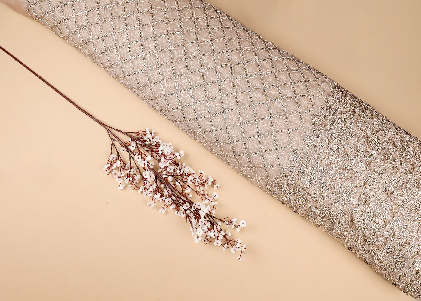 Beige Organza Fabric With All Over Zari, Sequins And One Side Cutwork Border 16767
