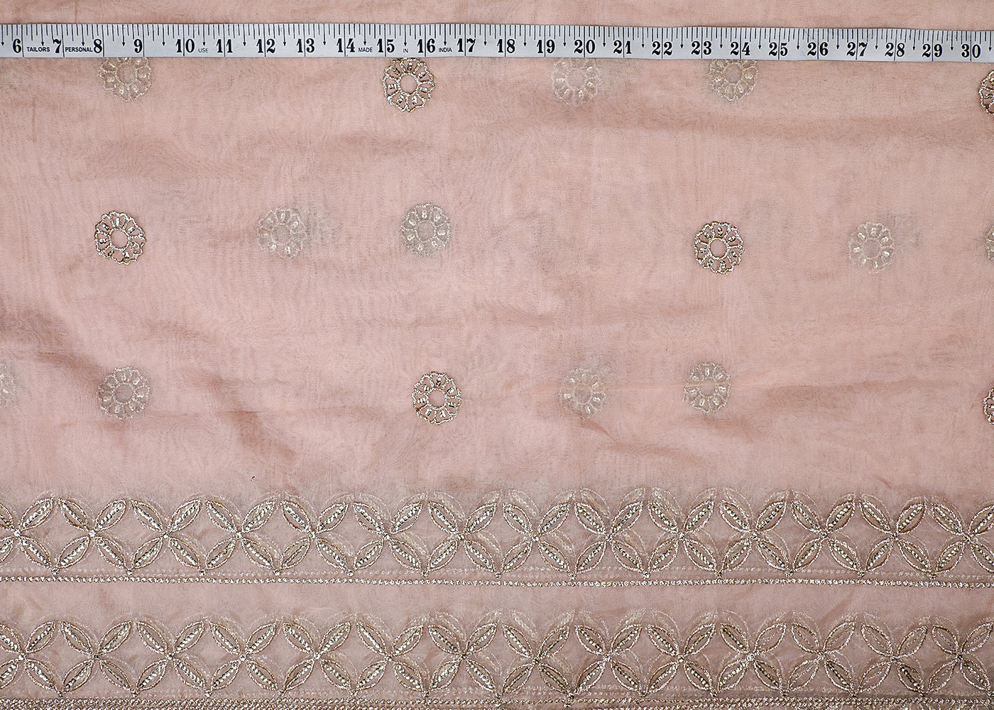 Beige Organza Fabric With All Over Zari, Sequins And Two Side Border 16768