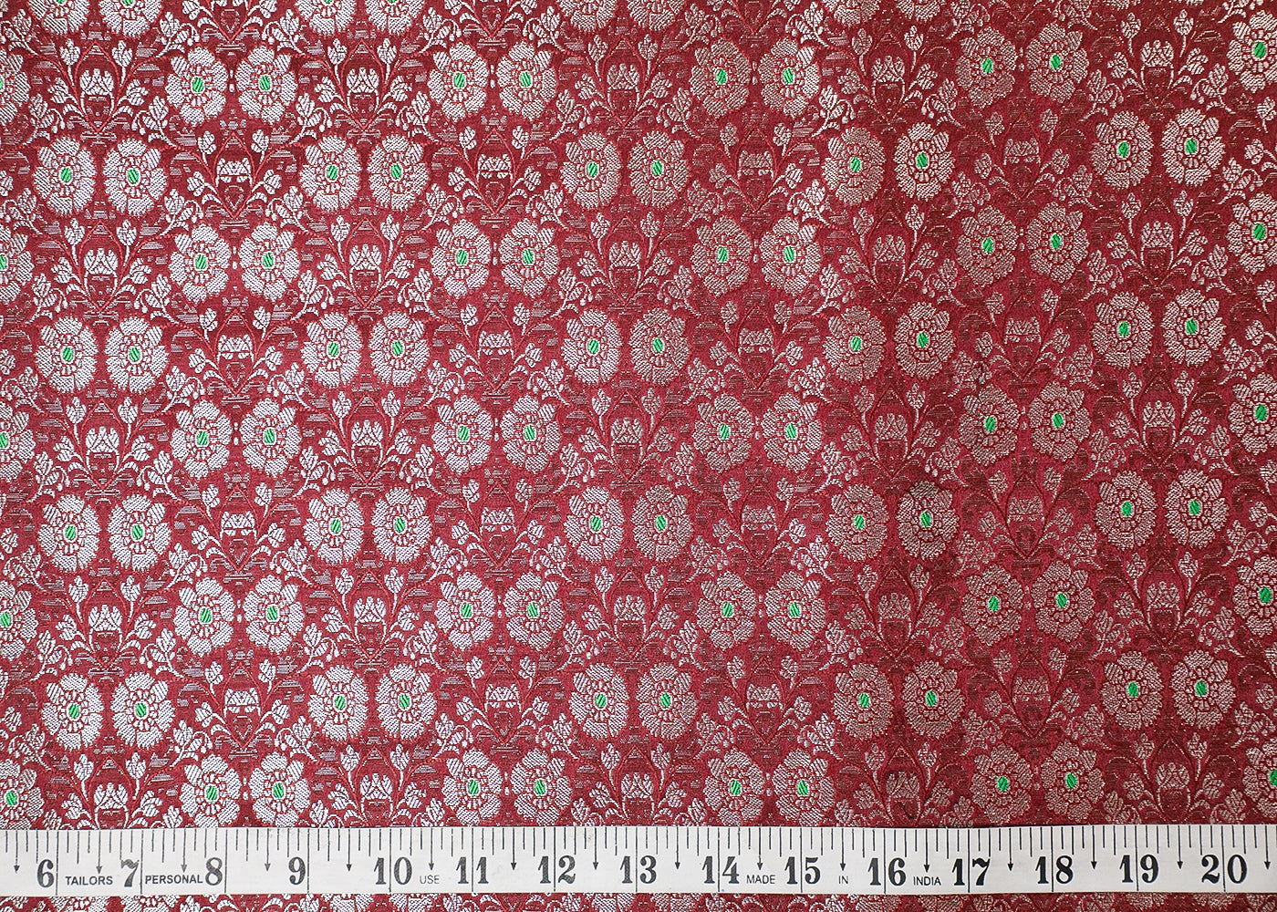 Wine Banarasi Brocade Fabric With All Over Thread And Golden Zari Handloom 16772