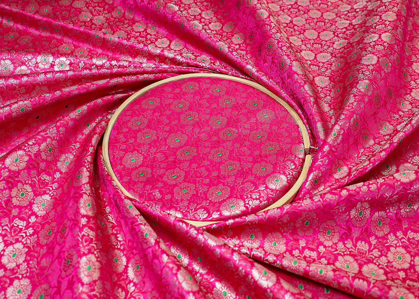 Pink Banarasi Brocade Fabric With All Over Thread And Golden Zari Handloom 16777