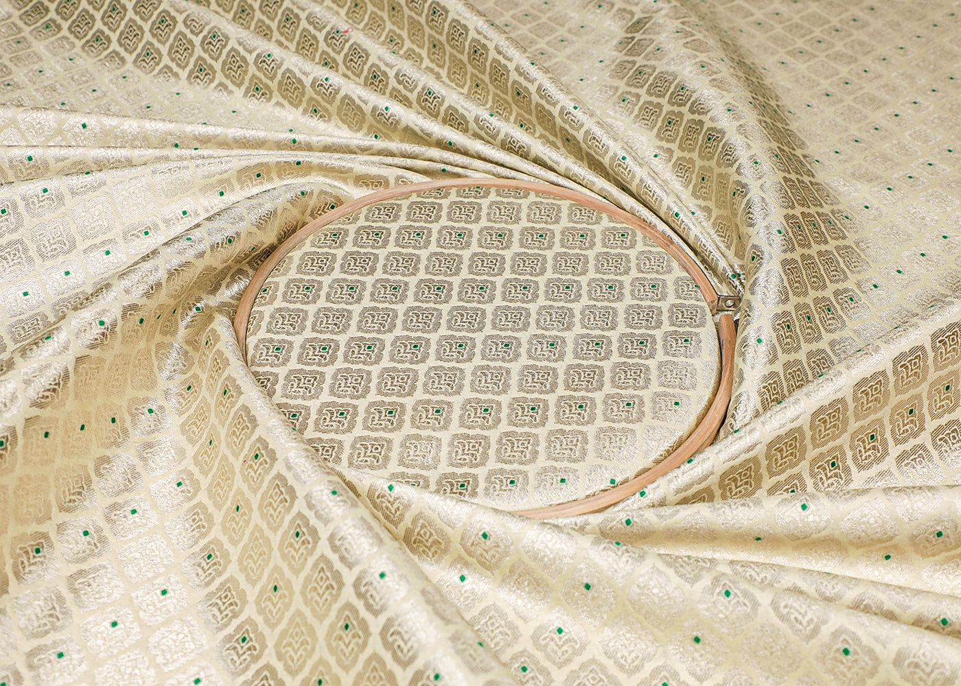 Cream Banarasi Brocade Fabric With All Over Golden Zari And Thread Handloom 16783
