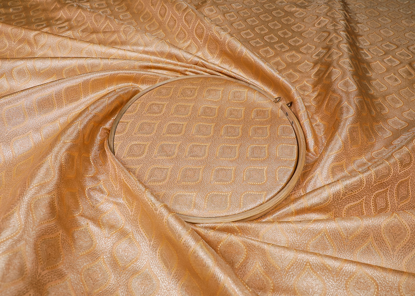 Peach Banarasi Brocade Fabric With All Over Golden Zari And Thread Handloom 16786