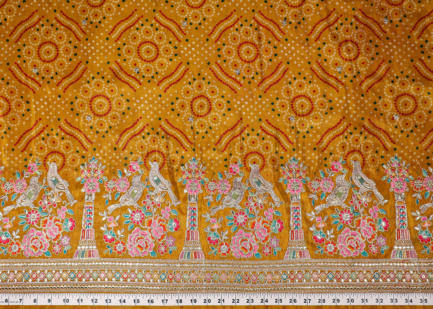 Yellow Tissue Fabric With All Over Bandhani Print, Thread, Sequins And Zari Work With One Side Border 16793