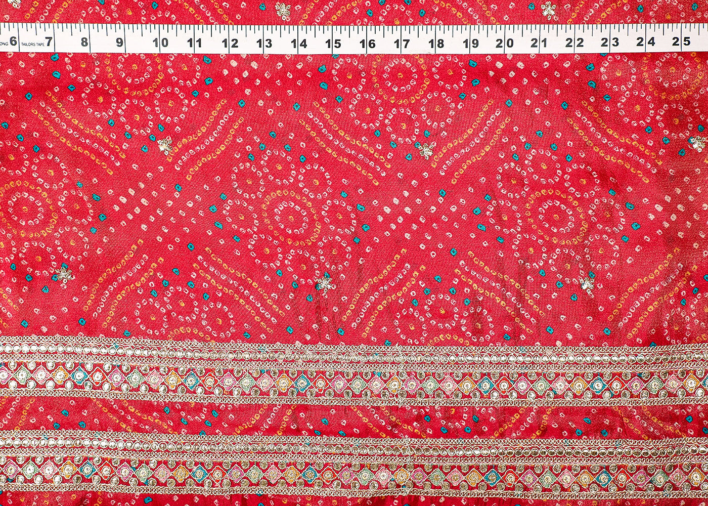 Purple Tissue Fabric With All Over Bandhani Print, Thread, Sequins And Zari Work With One Side Border 16794