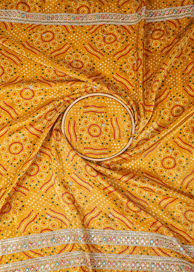 Yellow Tissue Fabric With All Over Bandhani Print, Thread, Sequins And Zari Work With One Side Border 16795