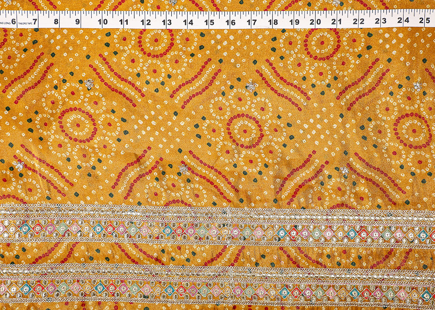 Yellow Tissue Fabric With All Over Bandhani Print, Thread, Sequins And Zari Work With One Side Border 16795