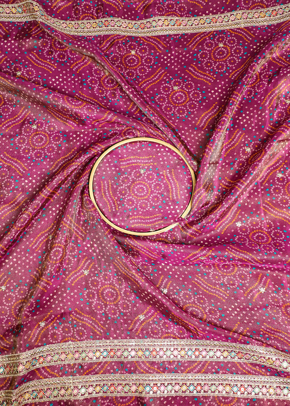Dark-Pink-Tissue-Fabric-With-All-Over-Bandhani-Print,-Thread,-Sequins-And-Zari-Work-With-One-Side-Border-16797-close-view