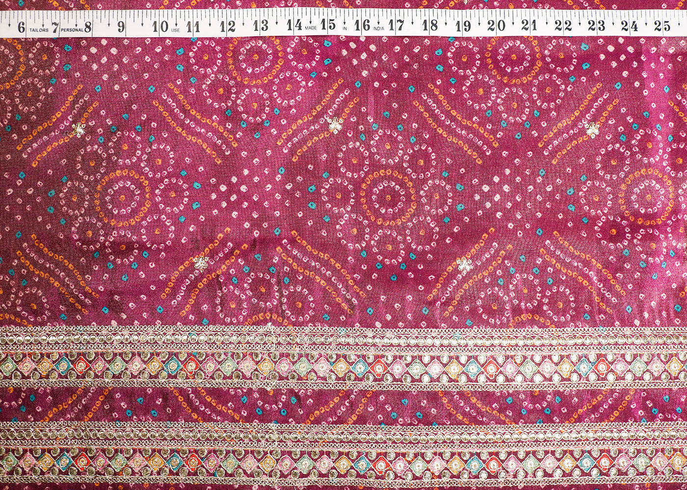 Purple Tissue Fabric With All Over Bandhani Print, Thread, Sequins And Zari Work With One Side Border 16797
