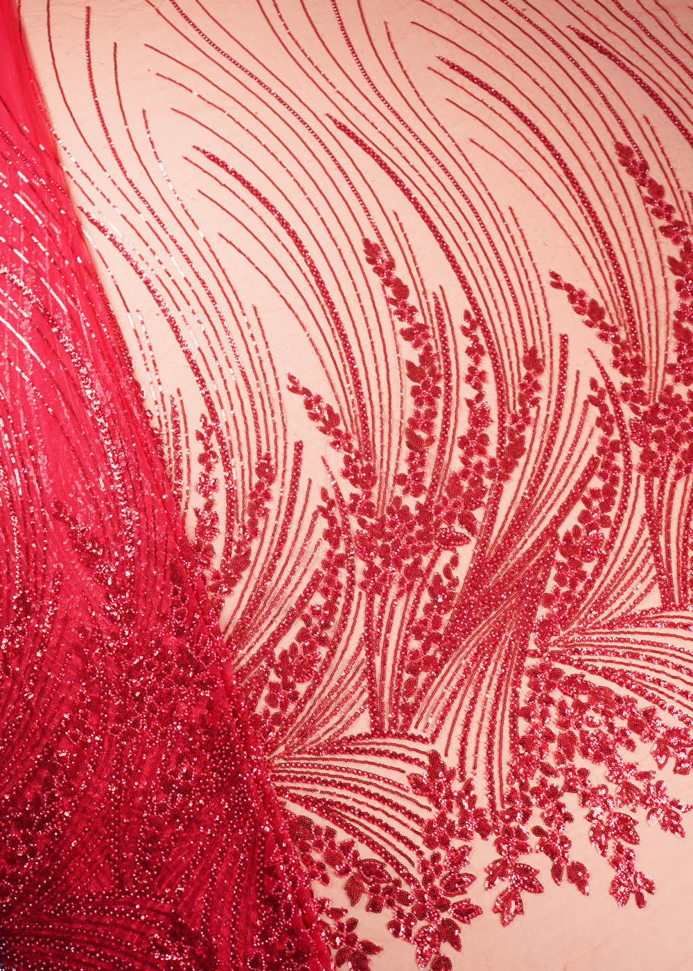 Red Imported Net Fabric With All Over Sequins And Bead Work With One Side Border 16844