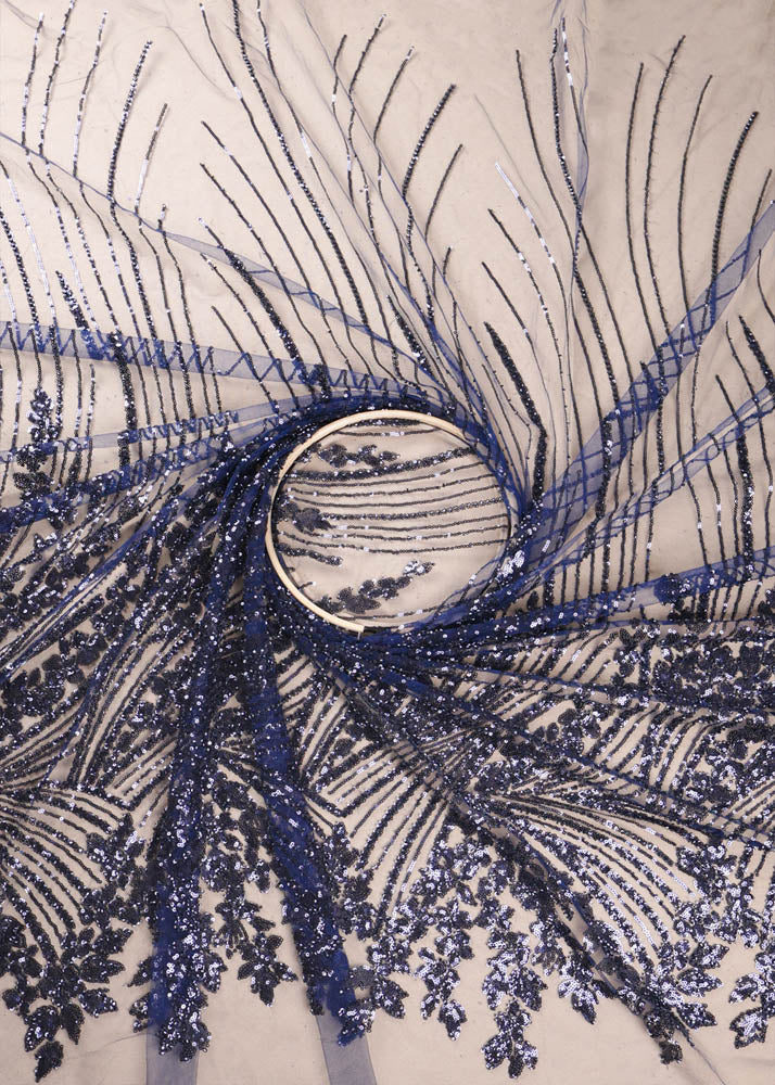 Navy Blue Imported Net Fabric With All Over Sequins And Bead Work With One Side Border 16845
