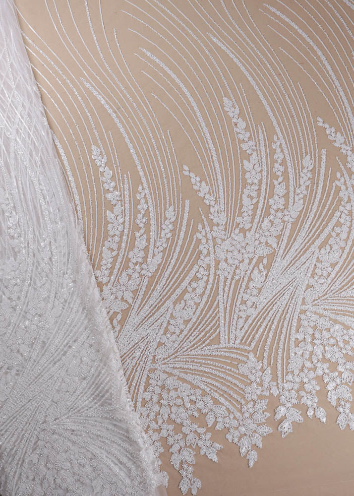 White Imported Net Fabric With All Over Sequins And Bead Work With One Side Border 16846