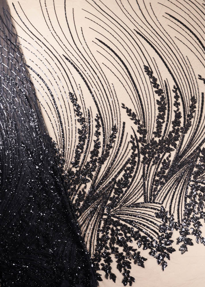 Black Imported Net Fabric With All Over Sequins And Bead Work With One Side Border 16847