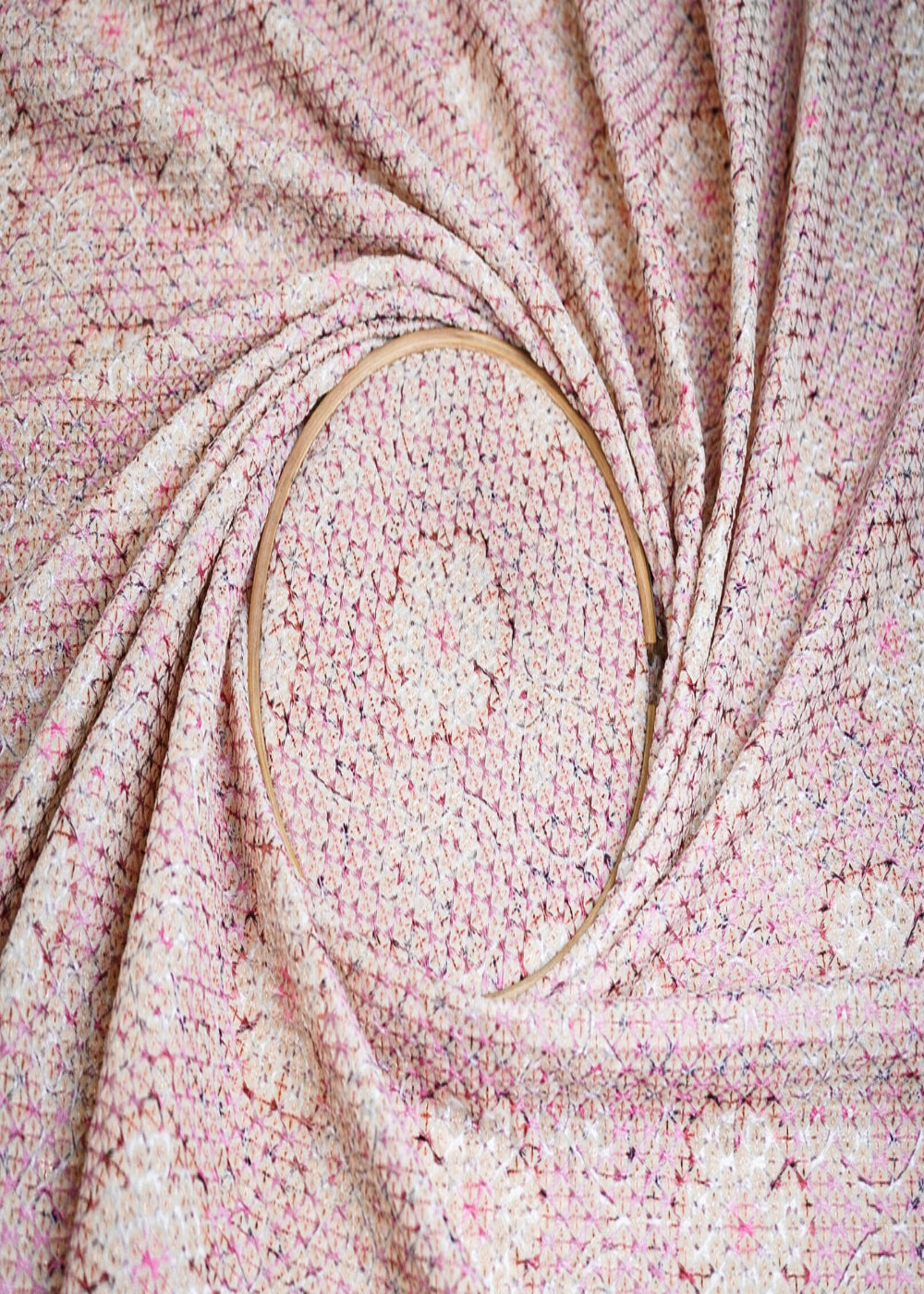 Cream Velvet Fabric With All Over Multi-Color Thread Work 16853