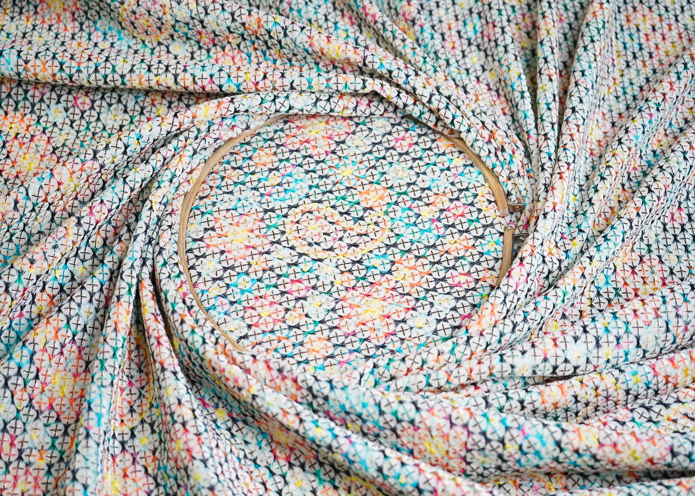 Cream Velvet Fabric With All Over Multi-Color Thread Work 16854
