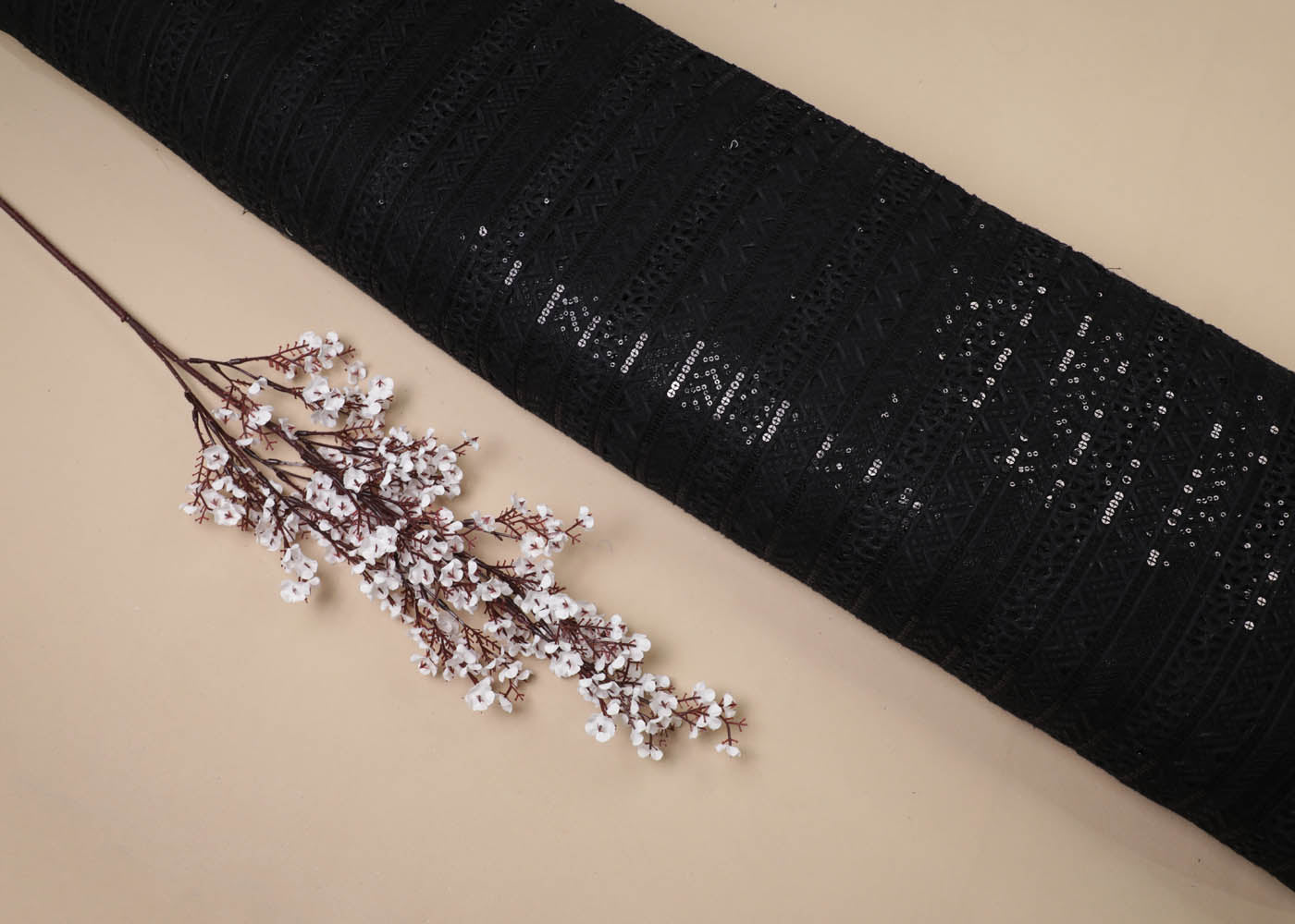 Black Imported Net Fabric With All Over Thread And Sequins Work 16858