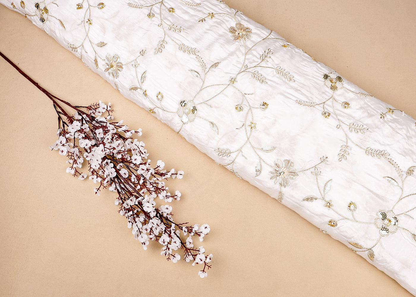 White Crepe Fabric With All Over Zari, Sequins, Katdana And Bead Work With One Side Border 16865