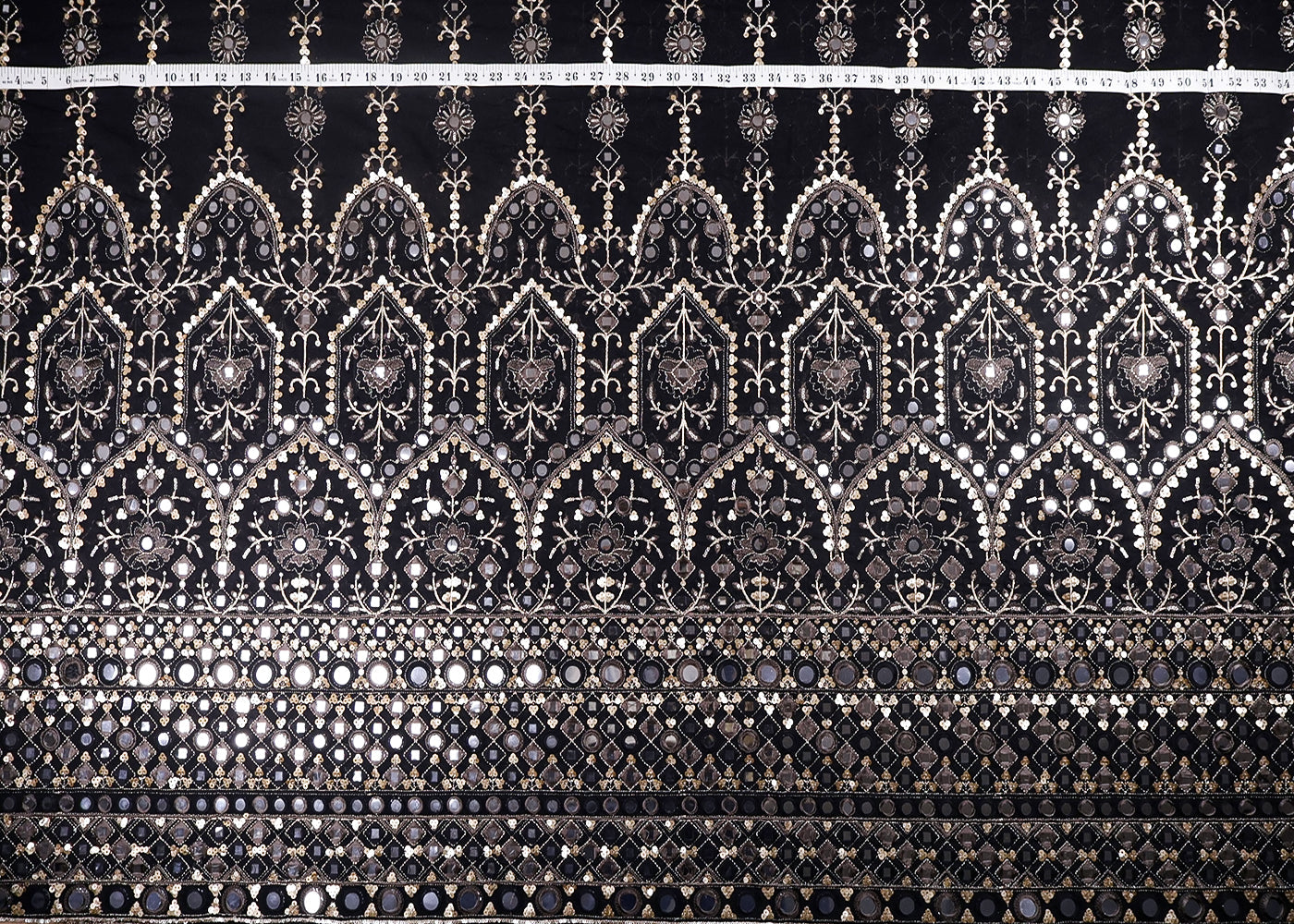 Black Georgette Fabric With All Over Faux Mirror, Sequins, Zari, Thread Work And One Side Heavy Border 16868